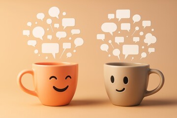 Two smiling coffee mugs with speech bubbles above them on light brown background, symbolizing communication and business conversation concept.