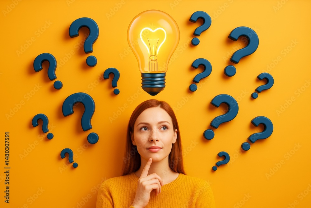 Poster thoughtful woman surrounded by question marks with light bulb above head symbolizing idea, on vibran