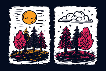 Colorful Nature Illustration with Trees and Sun for Creative Use