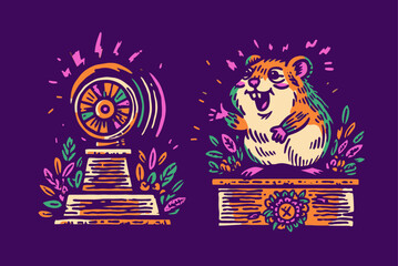 Colorful Illustration of Happy Hamster and Spinning Wheel Design