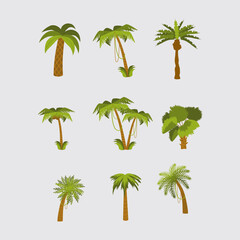 Obraz premium Collection of Cartoon Coconut Palm Trees with Green Fronds and Brown Trunks 