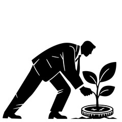 A businessman carefully plants a small sprout in a coin, symbolizing investment growth. The image is a stylized black and white vector illustration, conveying a strong and serious mood.