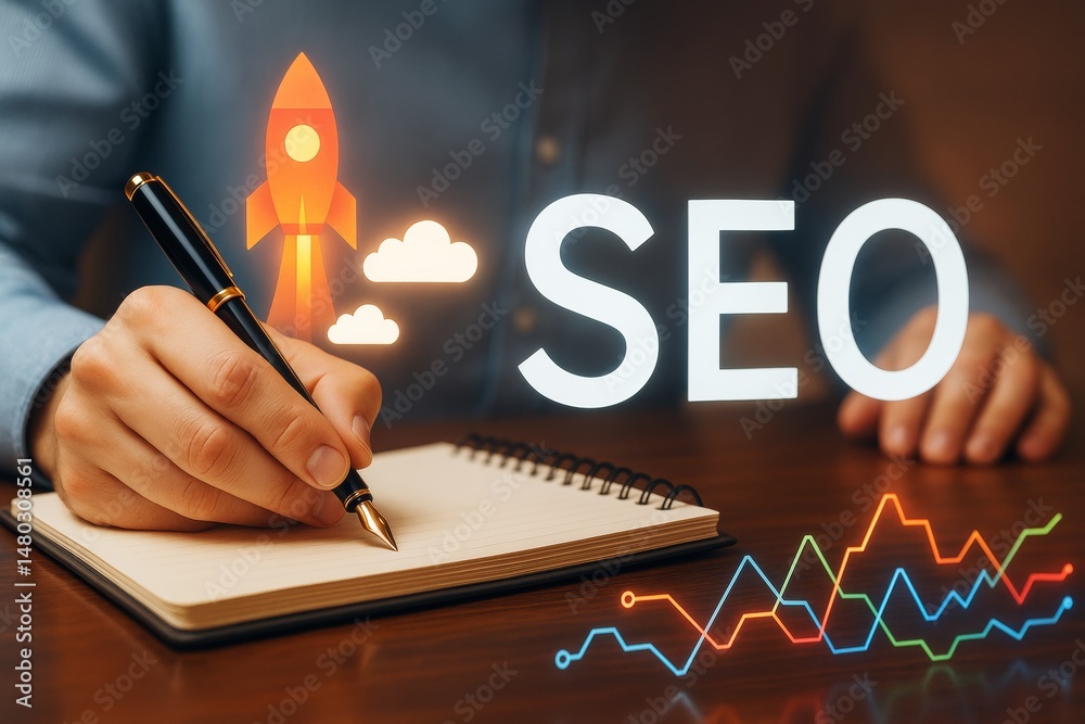 Poster SEO strategy development with rocket launch concept, businessman writing in notebook, glowing elements and graphs on dark background.