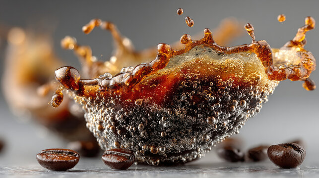 Dramatic coffee splash and bean macro shot, showcasing bubbles and droplets