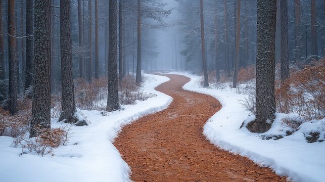 Winding snowy path forest winter landscape travel