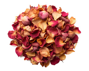 dried rose petals top view isolated on a white background. PNG Transparent file type with high definition quality Available.