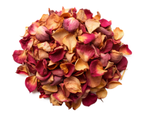 dried rose petals top view isolated on a white background. PNG Transparent file type with high definition quality Available.