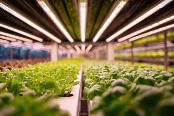 Indoor lettuce cultivation with layered growing racks under soft artificial lighting in large-scale vertical farm with vibrant green foliage.