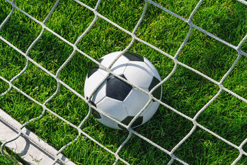 Textured soccer game field with soccer ball in soccer goal