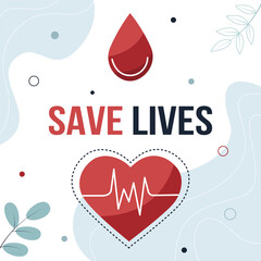 World Blood Donor Day banner. Blood drops and heart. Vector flat illustration on white background.