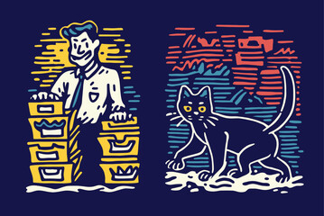 Cartoon Style Illustration of Man with Boxes and Cat on Blue Background