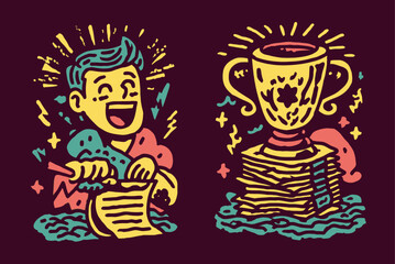 Creative Illustration of Happy Character with Trophy and Papers