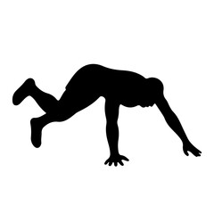 Black silhouette of a man doing a low crawl, isolated on white background. Vector illustration.