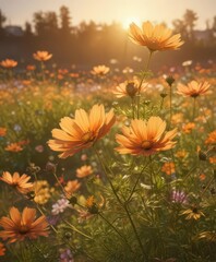 Cosmos flowers bathed in golden sunset light, petals glowing ,  flora,  macro,  glow