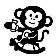 A cute monkey sits on a rocking horse, holding a small cup.  Simple black and white vector illustration.