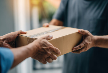 Fototapeta premium Delivery service, package, hands, exchange, customer, recipient, shipping, logistics, teamwork, trust, communication, home