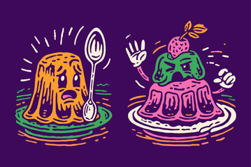 Cute Cartoon Jelly Characters with Expressions and Spoons in Colors