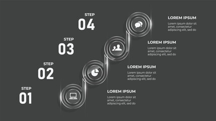 3D Glass Effect Business Infographic Template with 4-Step Process, Timeline, and Circular Design for Web & Print