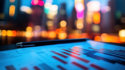 Business Analysis Report on Desk with Cityscape Background at Night