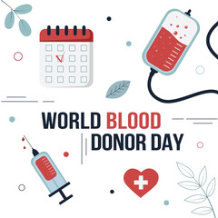 World Blood Donor Day banner. Blood drops and heart. Vector flat illustration on white background.