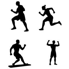 Four diverse athletes in silhouette, showcasing various sports activities against a white background.  Vector illustration in black and white.