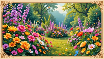 charming vibrant flower garden scene in a vintage poster style, featuring bright springtime colors, classic borders, aged textures, vintage appeal, high resolution