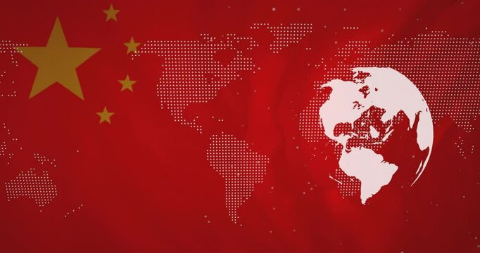 Flat design white globe being animated in red dotted world map scene, featuring five yellow stars