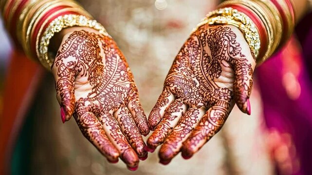 Indian woman's hands adorned with henna tattoos, wearing traditional bangles in a wedding setting
