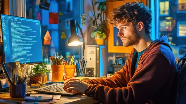Young man coding at desk illuminated by computer screens at night