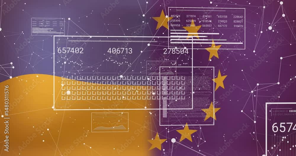 Poster flat wireframe data panels showing metrics streaming over purple gold gradient connecting nodes