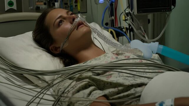 Teenage girl lying in hospital bed with ventilation tube apparatus on her face surrounded by medical monitor wires.