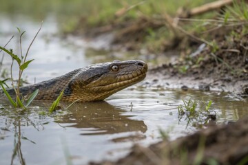Anaconda engaging in natural behavior swamp water environment wildlife photography low angle perspective semi-submerged serpent in a wetland setting