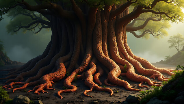 Majestic ancient tree with exposed roots in a lush forest landscape scene - Powered by Adobe