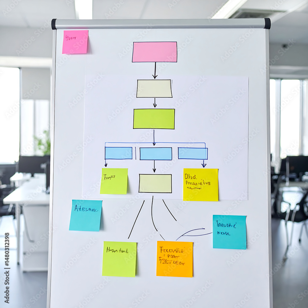Poster brainstorming session captured on a whiteboard. flowchart with sticky notes visualizes ideas, strate
