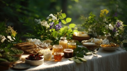Fototapeta premium Sunlit Garden Picnic with Cheese and Honey