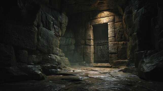 An expansive dungeon looms ominously with cracked stone walls and a smell of damp earth. Shadows flicker as torchlight reveals hidden paths while echoes of distant growls send shivers