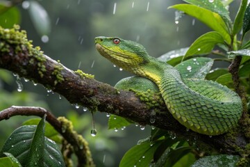 Obraz premium Bush viper resting on branch covered in dew tropical rainforest wildlife photography lush green environment close-up view vibrant scales and nature's beauty