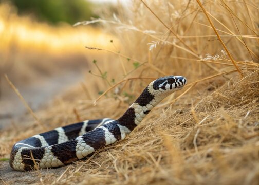 California kingsnake slithering through vibrant dry grass in black and white captured in natural habitat