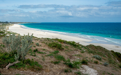 Wide Coastal Scene with Sandy Mullaloo Beach, Azure Ocean and Vegetation, Perth, Australia, 27 March 2020