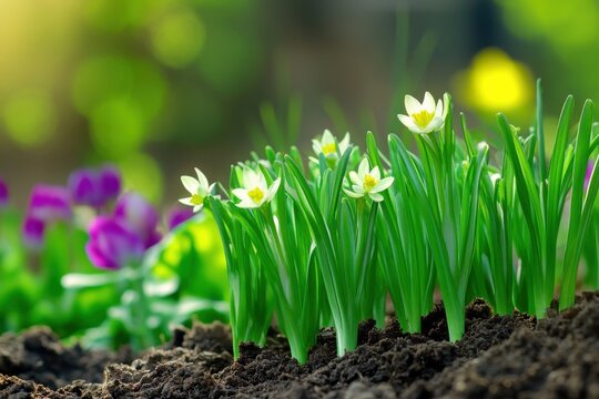 Fresh Green Grass and Beautiful Flowers in Bloom on Bright Day