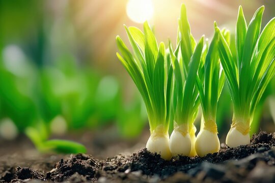Fresh Green Spring Onions Growing in Rich Organic Soil at Sunset