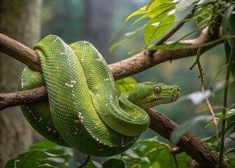 Naklejka premium Realistic image of a green tree python coiled around a branch in a lush tropical forest environment high detail macro view