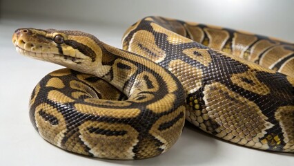Obraz premium Reticulated python coiled in high-contrast pattern studio setting wildlife photography indoor environment close-up view exotic reptile concept for seo impact