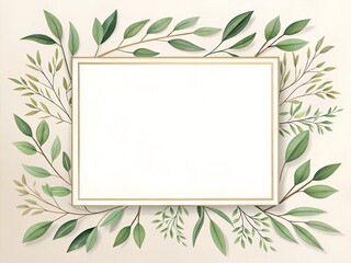 Minimalistic botanical frame design with thin green branches and leaves around the edges, centered white space, soft natural tones, isolated on light beige background, perfect for invitation or card d