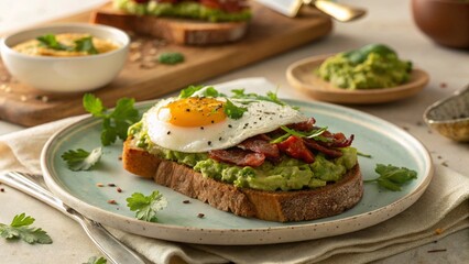 Delicious Avocado Toast with Fried Egg and Crispy Bacon