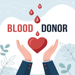 World Blood Donor Day banner. Blood drops and heart. Vector flat illustration on white background.