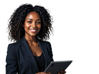 Confident Black Woman with Curly Hair Holding a Tablet