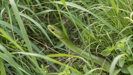 Obraz premium Smooth green snake camouflaged in tall grass top-down view nature photography serene environment wildlife observation