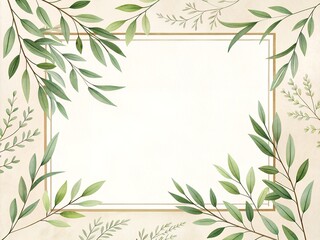 Minimalistic botanical frame design with thin green branches and leaves around the edges, centered white space, soft natural tones, isolated on light beige background, perfect for invitation or card d