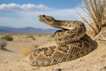 Naklejka premium Coiling western diamondback rattlesnake displays rattle in desert landscape nature photography captured in a serene environment